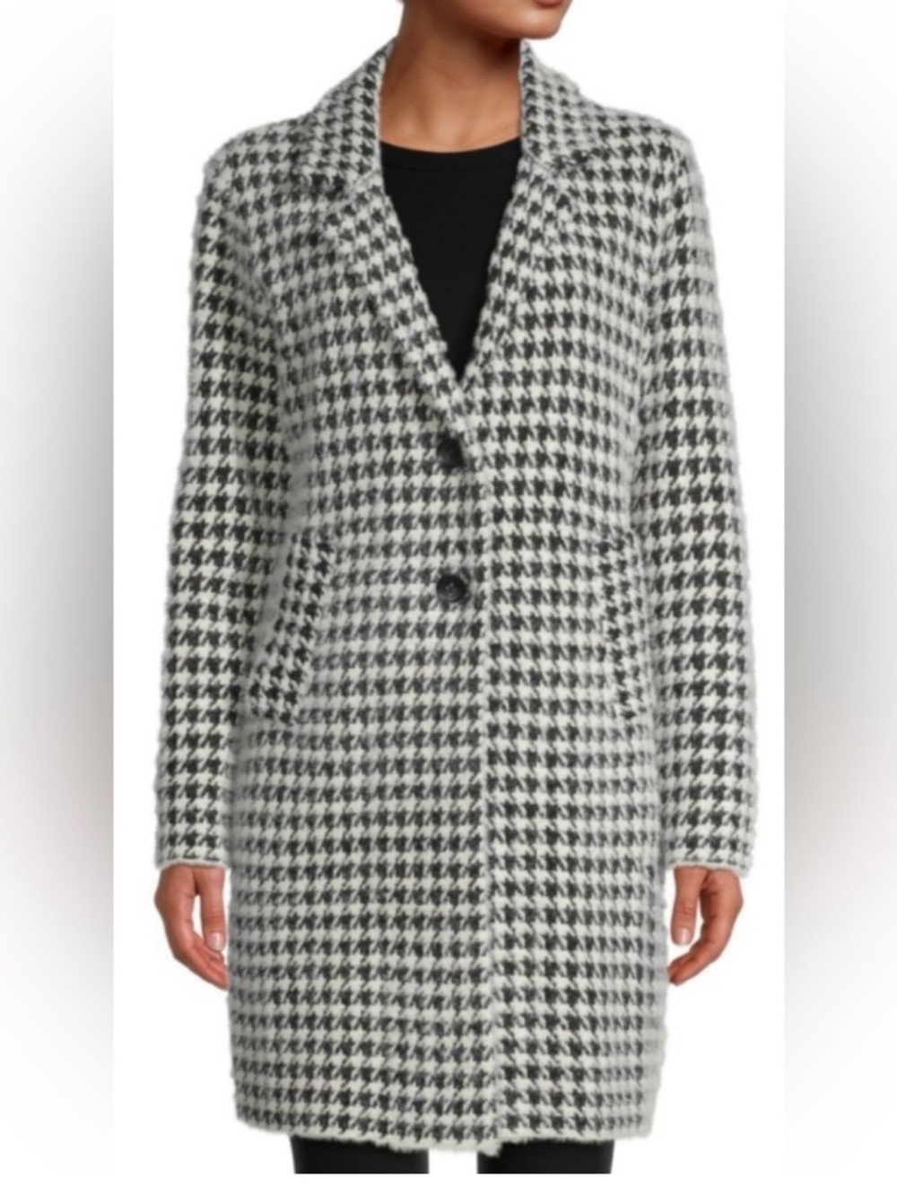Max Studio Classic Houndstooth Long Coat - Black & White